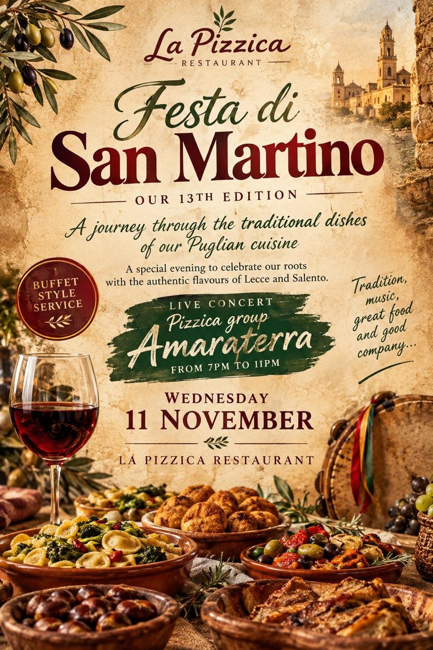 Poster of the Festa di San Martino at La Pizzica, Wednesday 11 November 2026, buffet and live pizzica concert by Amaraterra