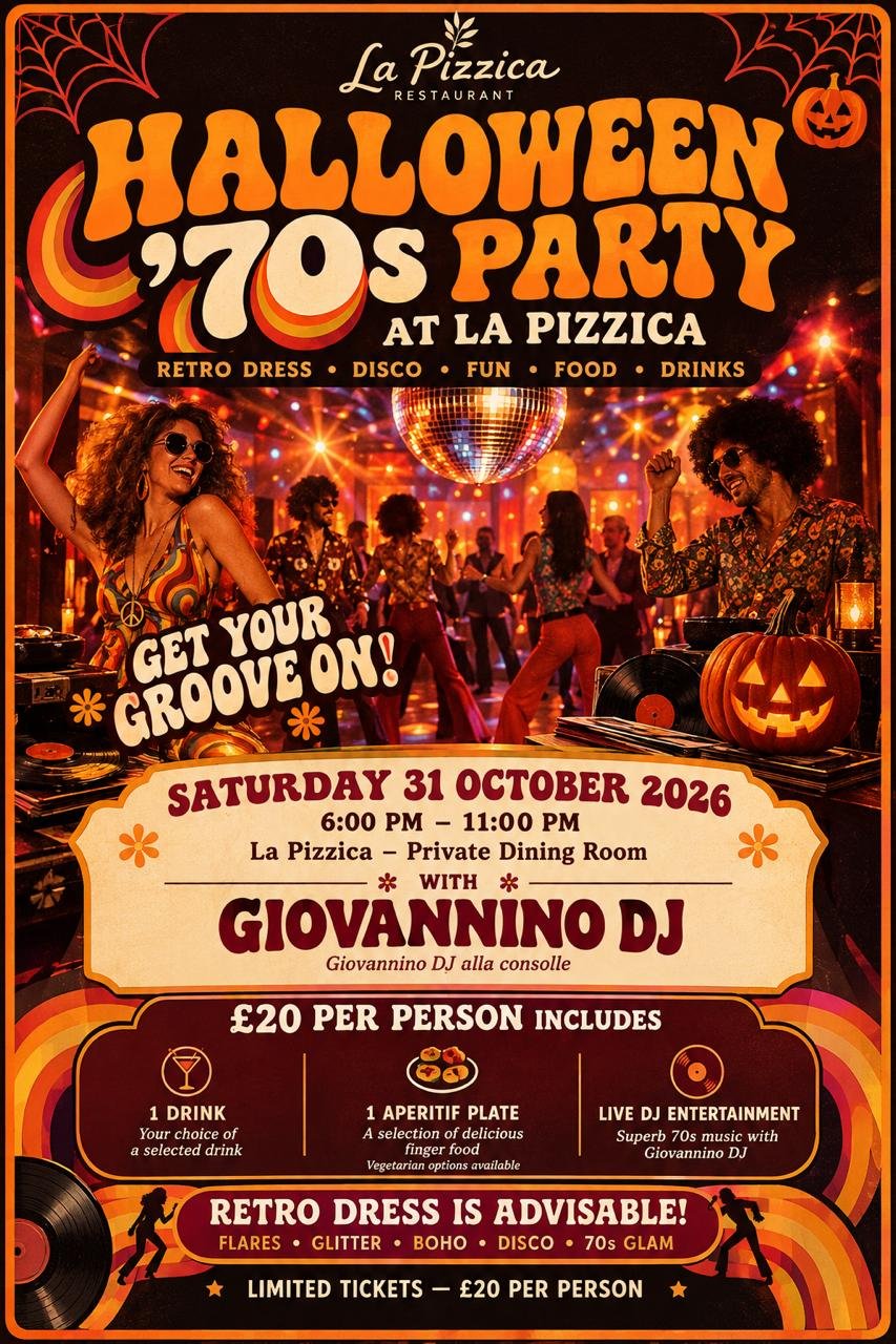 Poster of the Halloween '70s Party at La Pizzica, Saturday 31 October 2026, with Giovannino DJ, £20 per person
