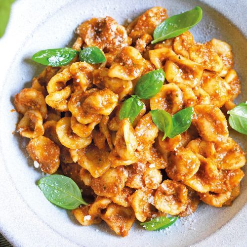 Orecchiette with tomato sauce and basil